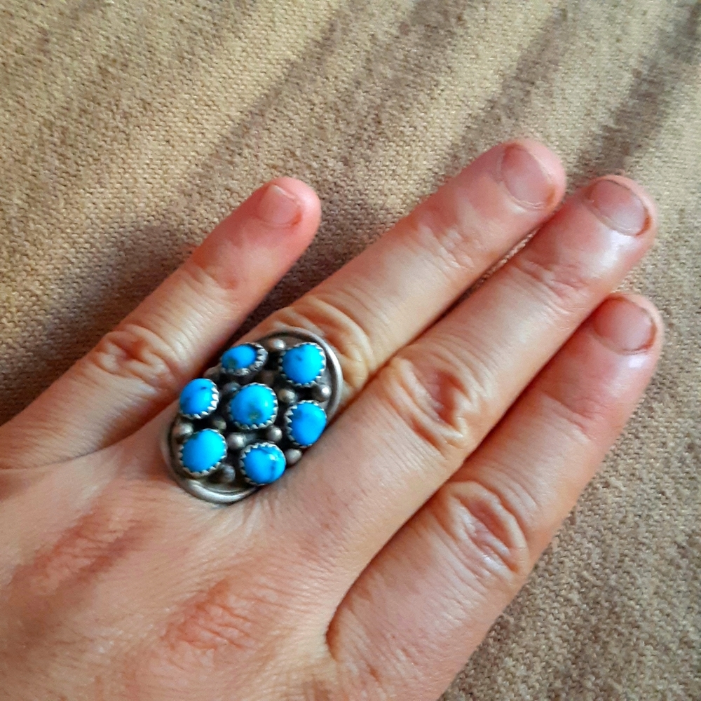 Navajo Style Sterling Turquoise Cabochon Cluster Ring Size 8.75 - Picture 5 of 16